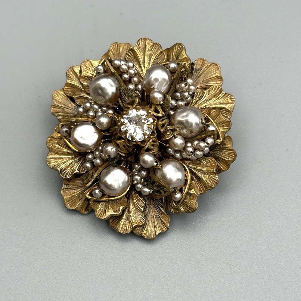 Miriam Haskell Brooch Faux Pearls Rhinestones Signed Vintage 1940s